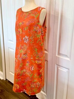 Woman's Size 12 100% Linen Dress by Mira Mira Tangerine Batik Floral Knee Length